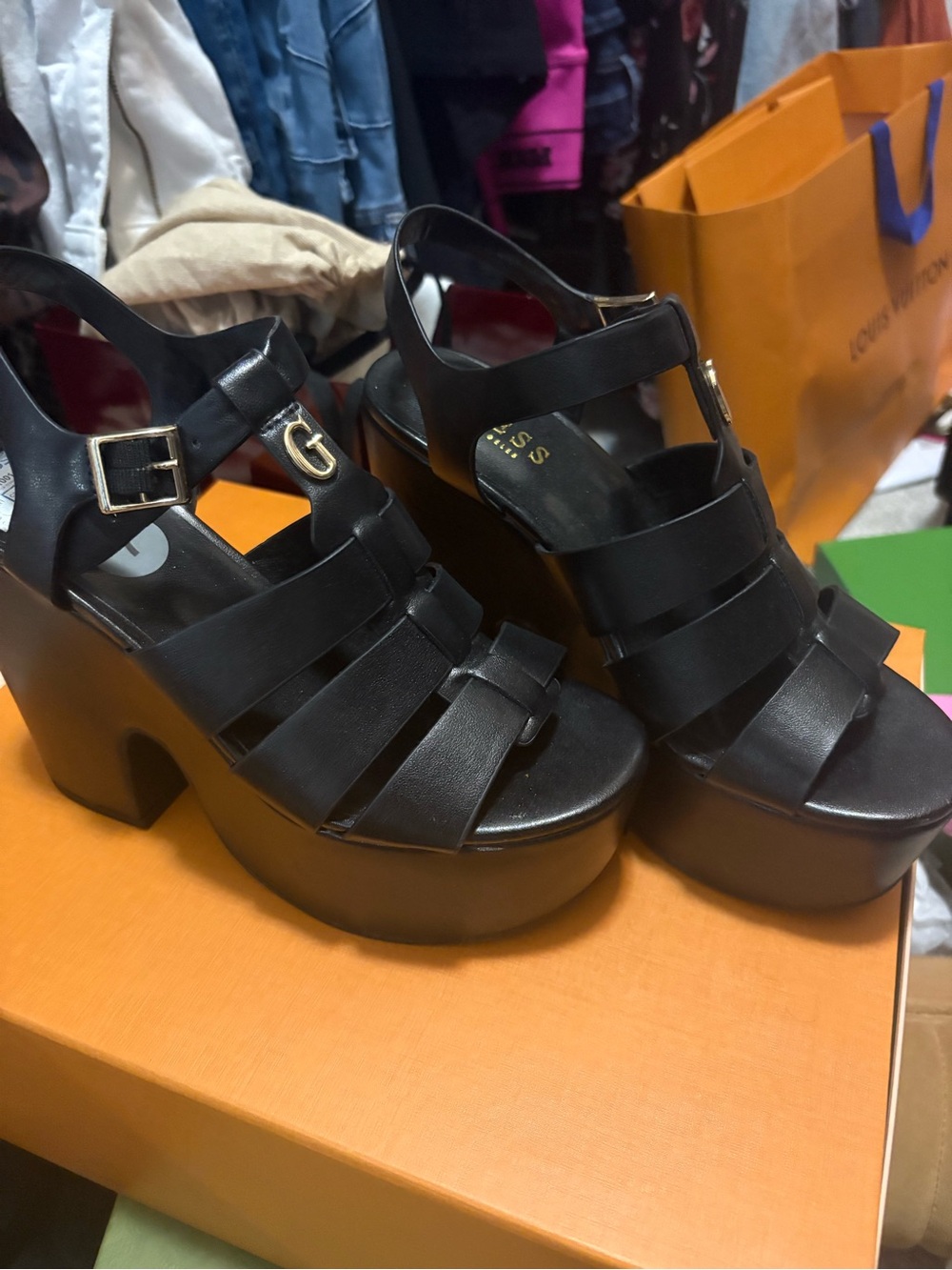 Guess Black Leather Platform Strappy Heels